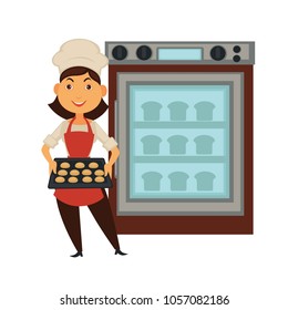 Baker woman in bakery shop baking bread in oven vector isolated baker profession people icon