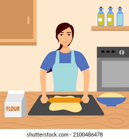 Baker woman cooking in the kitchen. Housewife lady making dough with rolling pin for baking bread, pizza or cookie vector illustration.