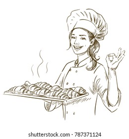 Baker Woman Holding Plate With Croissants. Hand Drawn Vector Illustration On White Background.