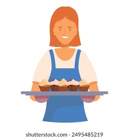 Baker woman is holding a tray of freshly baked cupcakes, ready to share her delicious creations