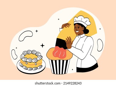 Baker at work. Young human baker in white uniform. Girl in chefs hat applies cream or jam to cupcakes. Sweets production, professional. Birthday gift concept. Cartoon flat vector illustration