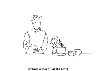 Baker working in the kitchen drawing in continuous one line. Single line art illustration of bakery worker with electric mixer. Editable vector.