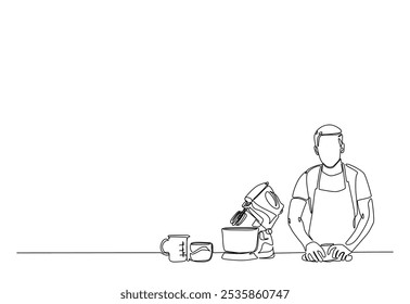 Baker working in the kitchen drawing in continuous one line. Single line art illustration of bakery worker with electric mixer. Editable vector.