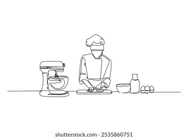 Baker working in the kitchen drawing in continuous one line. Single line art illustration of bakery worker with electric mixer. Editable vector.