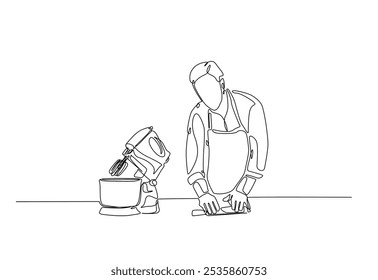 Baker working in the kitchen drawing in continuous one line. Single line art illustration of bakery worker with electric mixer. Editable vector.