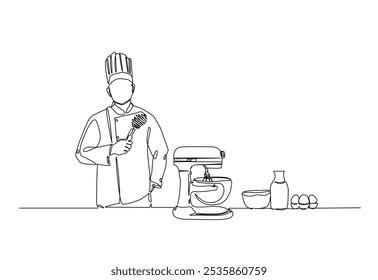 Baker working in the kitchen drawing in continuous one line. Single line art illustration of bakery worker with electric mixer. Editable vector.