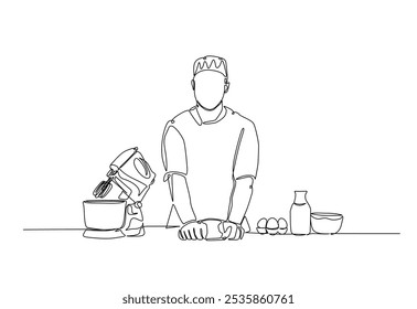 Baker working in the kitchen drawing in continuous one line. Single line art illustration of bakery worker with electric mixer. Editable vector.