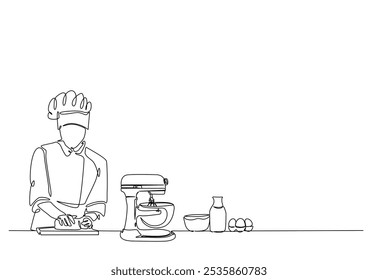 Baker working in the kitchen drawing in continuous one line. Single line art illustration of bakery worker with electric mixer. Editable vector.