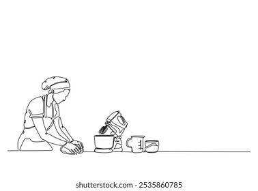 Baker working in the kitchen drawing in continuous one line. Single line art illustration of bakery worker with electric mixer. Editable vector.