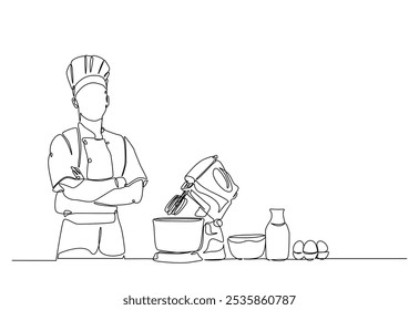 Baker working in the kitchen drawing in continuous one line. Single line art illustration of bakery worker with electric mixer. Editable vector.