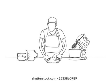 Padeiro trabalhando na cozinha desenhando em uma linha contínua. Ilustração de arte de linha única do trabalhador da padaria com misturador elétrico. Vetor editável.