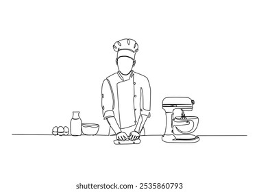 Baker working in the kitchen drawing in continuous one line. Single line art illustration of bakery worker with electric mixer. Editable vector.