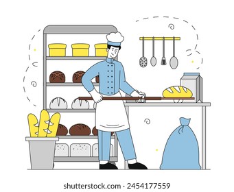 Baker at workplace simple. Man in uniform with baguettes and loaf. Guy with pastry products. Cafe or catering occupation. Doodle flat vector illustration isolated on white background