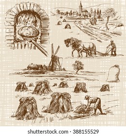 baker,bake bread, windmill - hand drawn collection
