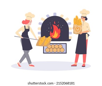 Bakers bake bakery products in a wood-fired oven. Bakers characters for bread shop or bakehouse, flat cartoon vector illustration isolated on white background.