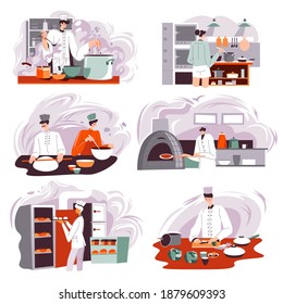 Bakers baking breads and pastry in kitchen of diner, cafe or restaurant. Bakery shop or store with confectionery products. Chefs with pots and ingredients for making dishes. Vector in flat style