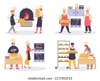 Los personajes de dibujos animados de los panaderos preparan diferentes tipos de pan, ilustración vectorial plana aislada en fondo blanco. Escenas en panadería con panaderos de trabajo.