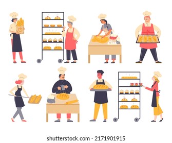 Bakers characters set making cakes and bread. Professional men and women in uniform working in bakery, flat vector illustration isolated on white background.