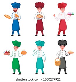 Bakers characters set on white background. Bakery concept. Cooks in uniform with baked goods in hands. Vector illustration of men in apron and chef hat in flat design isolated on white background.