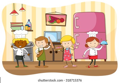 Bakers and chef working in the kitchen illustration