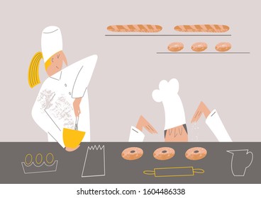 Bakers cook fresh baked and pastry production. People in a chef  uniform prepere donuts and coat them with icing sugar. Cooking, bakery design. Flat vector characters.