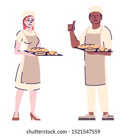 Bakers couple flat vector character. Restaurant chefs, bakery workers cartoon illustration with outline. Woman and man confectioners holding tray with bread and buns isolated on white background