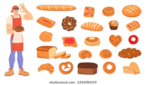 Bakers craft. People hobby. Man baking bread and pastry. Wheat flour products. Baguette toast. Sweet pie. Pretzel and croissant. Tasty cookie. Chef cooking fresh loaf or bun. Vector bakehouse food set