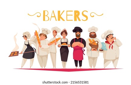 Bakers flat vector illustration with cartoon characters in professional clothes and hats with loaf of bread and baguette