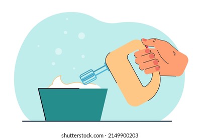 Bakers hand holding mixer with whisk for whipping cream in bowl. Person making cake flat vector illustration. Bakery, pastry, preparation concept for banner, website design or landing web page