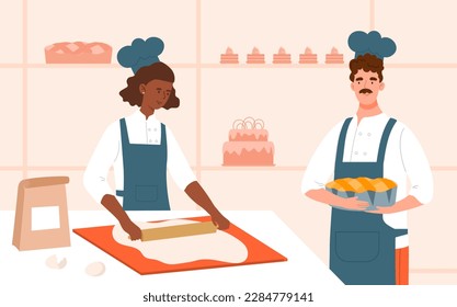 Bakers making dough. Man and woman with rolling pin roll out dough and produce loaves. Flour products and baguette.