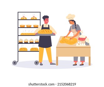 Bakers making dough and preparing loaves and cakes. Professional bakers for bread shop or pastry, flat cartoon vector illustration isolated on white background.