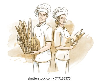 Bakers (man and woman) holding basket with breads. Hand drawn vector illustration on artistic watercolor background.