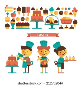 Bakers and pastry. Set of characters and icons. Flat design. Image for websites, applications, menus or stickers