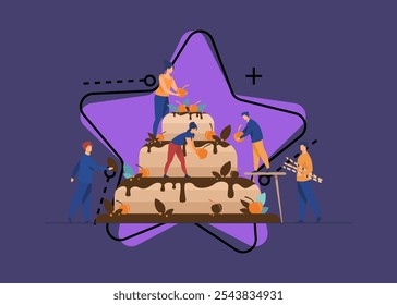 Panaderos preparando pastel de boda o cumpleaños. Personas que decoran la comida dulce grande de la pastelería con el glaseado del chocolate y la cereza. Ilustración vectorial para el postre, panadería, concepto de confitería