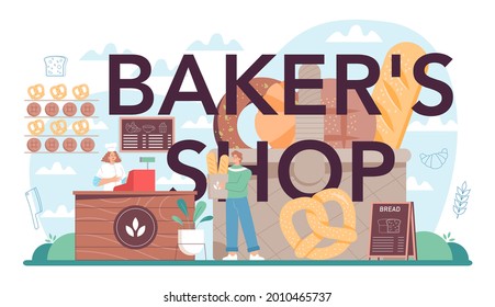 Baker's shop typographic header. Chef in the uniform baking bread. Baking pastry process. Bakery worker and pastries goods store. Isolated vector illustration