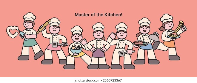 The bakers are striking cool poses, each holding their own tools. Cute characters stand in a row. Cuttiny character with outline.