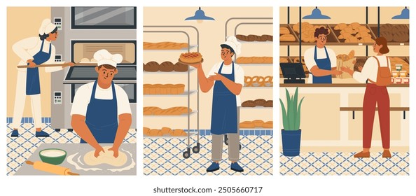 Bakers working at bakehouse vector scene set