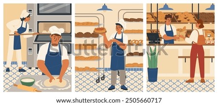 Bakers working at bakehouse vector scene set