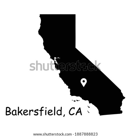 Bakersfield on California State Map. Detailed CA State Map with Location Pin on Bakersfield City. Black silhouette vector map isolated on white background.