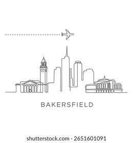 Bakersfield Skyline Outline with Airplane, and Travel.