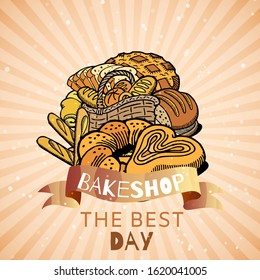 Bakershop with bakery bread and pastries poster sketch icons of bagel, pretzel, croissant, baguette and loaf, baking goods vector illustration. Baker shop, patisserie, cafe pastry shop vintage