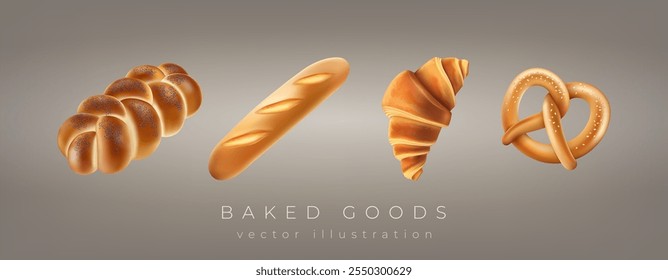 Bakery 3D. Bread food baking symbol. Croissant, baguette and German pretzel, Challah. Icon wheat breakfast, cooking pastry grain, confectionery product. Render isolated elements. Vector realistic set