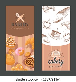 Bakery advertisement, vertical banners with bakehouse emblem and freshly baked pastry, vector illustration. Graphic hand drawn pastry products cake and bread, cafe advertisement, bakeshop promotion