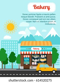 Bakery advertising banner with shop building and landscape. Vector illustration