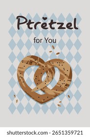 Cartaz estético de padaria com pretzel e palavras "Pretzel para você". Design vetor estilo vintage moderno em fundo quadriculado para decoração de cozinha, e cafe arte da parede.