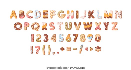 Bakery alphabet or sweet font with letters, numbers and symbols. Cute and fun English ABC with donut sprinkles and glaze or icing. Colored flat cartoon vector illustration isolated on white background