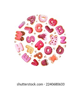 bakery alphabet. tasty delicious letters in circle form. Vector lettering design project