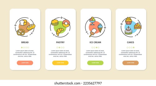 Bakery App Screens Cards Set Include of Bread, Cake, Ice Cream and Pastry. Vector illustration of Card