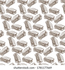 Bäckereisortiment, gebackener Rollenkuchen mit Sahne und Nüssen, nahtlose Muster. Schokoladenküchen mit Zucker, Süßwaren, Speisekarte des Restaurants. Monochrome Skizze, Vektorgrafik im flachen Stil