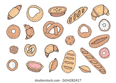 Illustration d'assortiment de boulangerie. Différents types de pâtisseries, confiseries, oeuvres d'art. Menu nourriture café restaurant blog gastronomique. Style dessiné à la main, arrière-plan beige clair, Image vectorielle